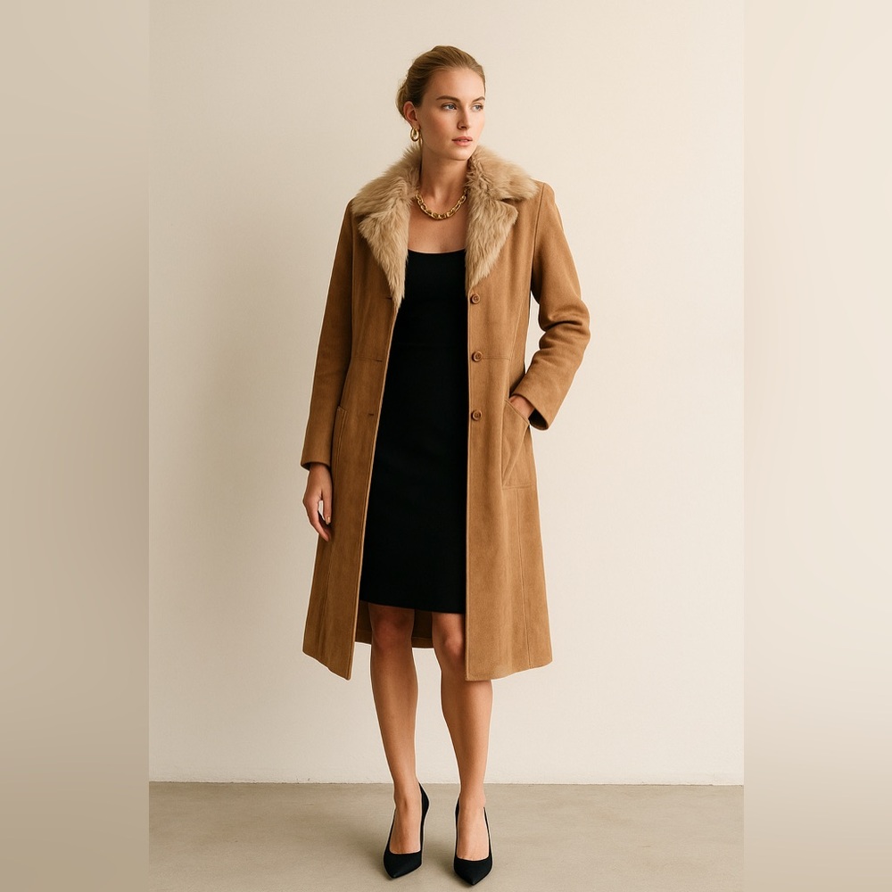 Outer Edge Tan Suede Coat with Cream Faux Fur Collar